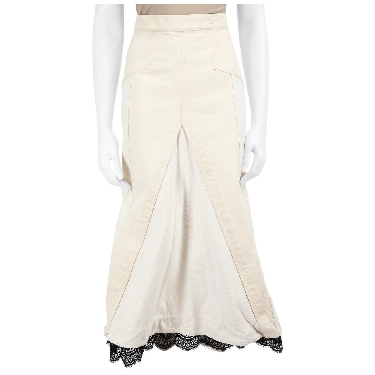 Alexander McQueen Ecru Denim Midi Lace Trim Skirt Size XS For Sale