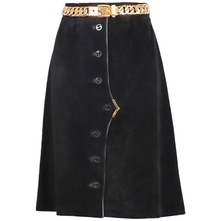 1970's Gucci Black Suede A-line Skirt W/Chainlink Belt and GG logo ...