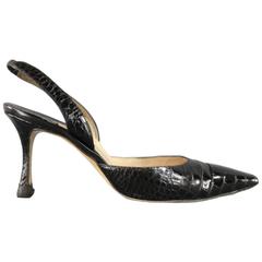 MANOLO BLAHNIK Size 8 Black Alligator Skin Leather Slingback Pumps