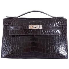Hermes Kelly Pochette Clutch Graphite Alligator Palladium Hardware 8
