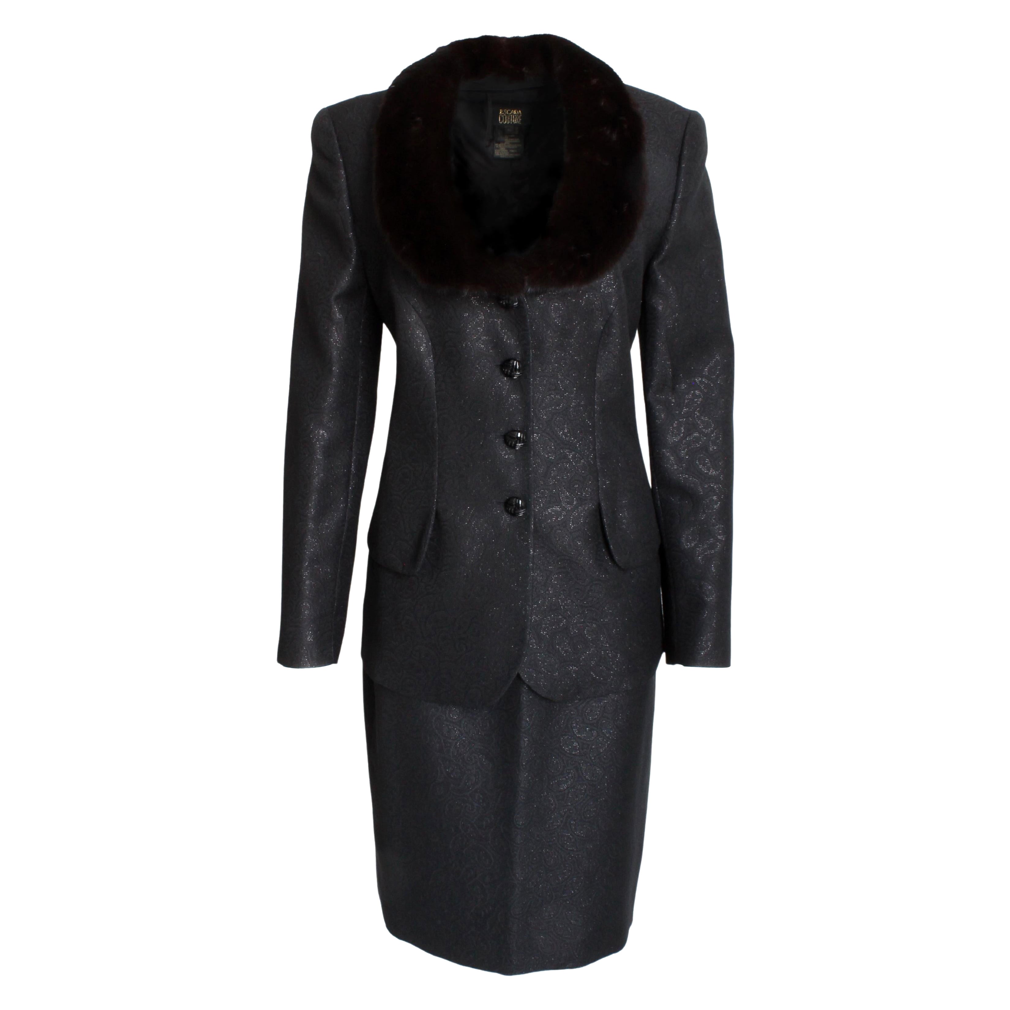 Escada Couture Suit Mink Collar Jacket and Skirt 2pc Silk Wool Blend Paisley 40 For Sale