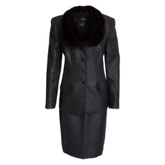 Abito Escada Couture con collo di visone, giacca e gonna 2 pezzi in seta e lana Paisley 40