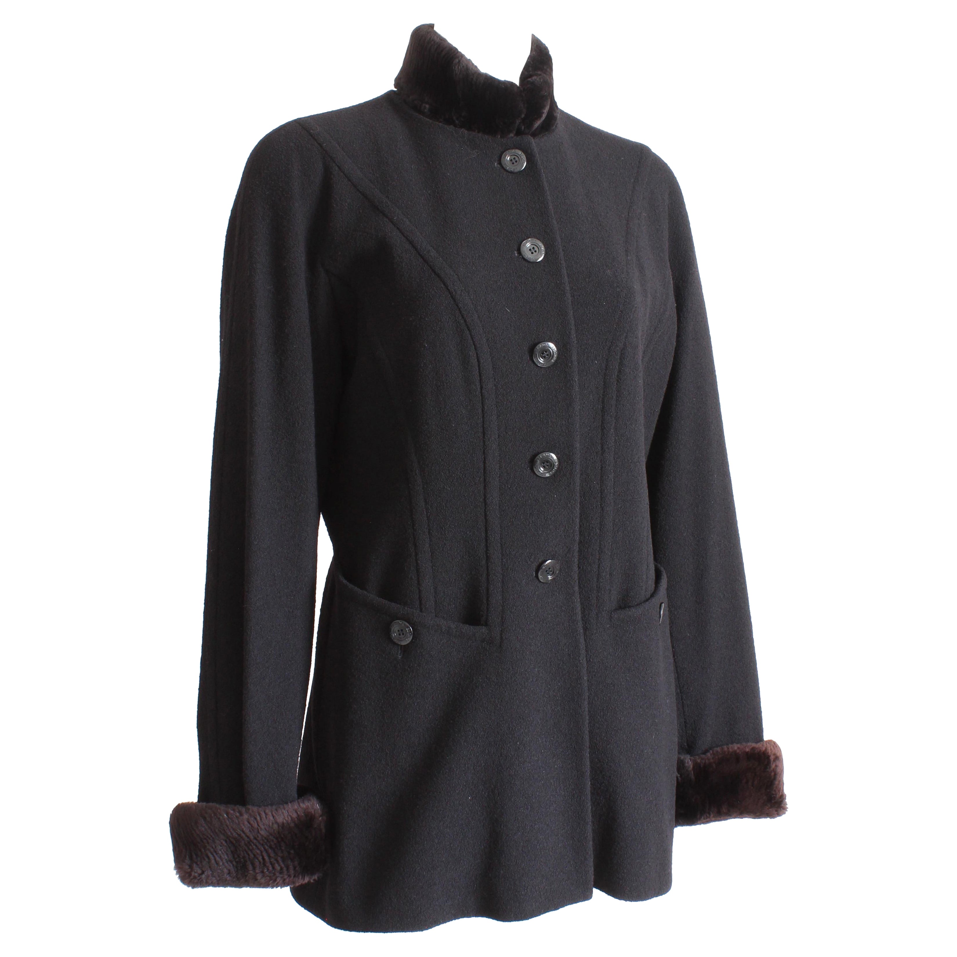 Escada Jacket Black Wool Blend Removable Sheared Beaver Fur Trim Vintage 90s 40 For Sale