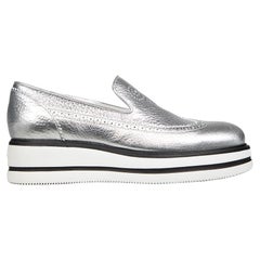 Hogan Silver Leather Metallic Platform Loafers Taglia IT 38.5