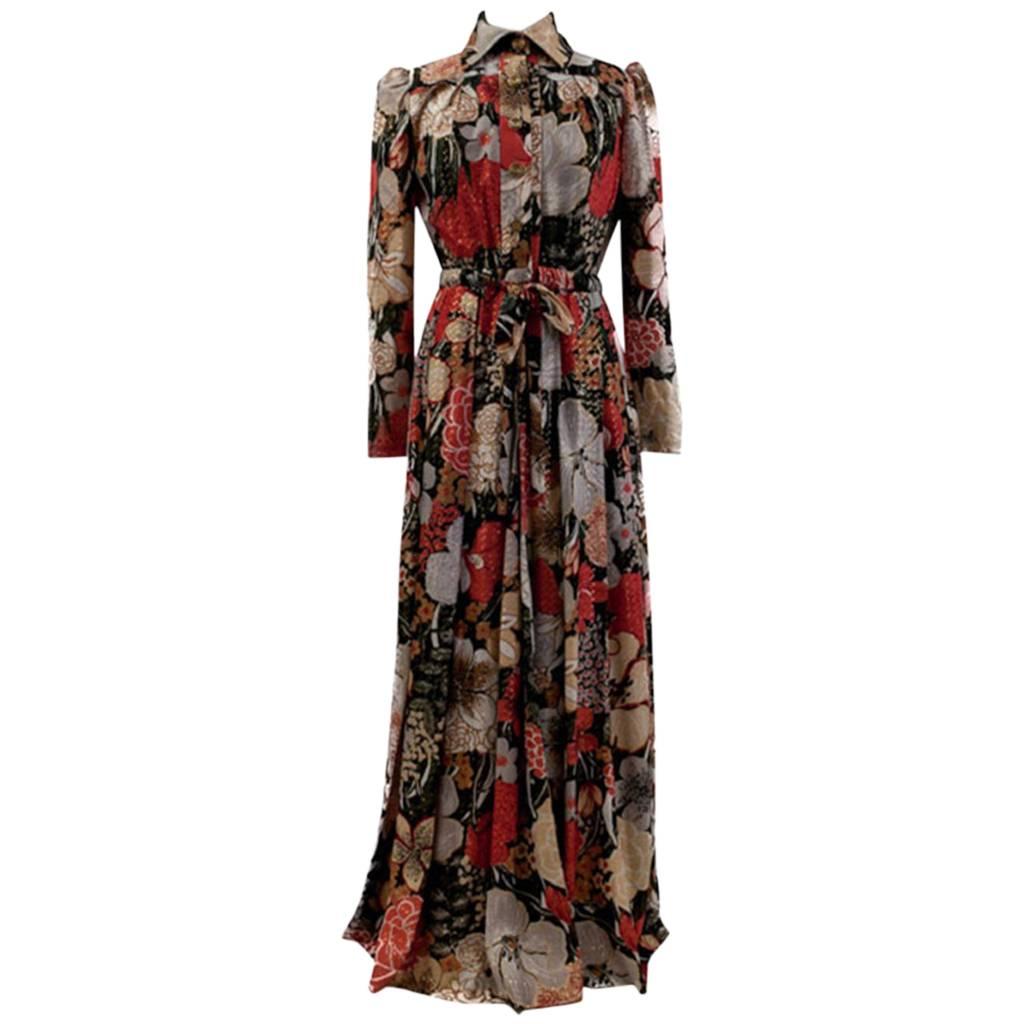 1970s Jean Varon Wallpaper Floral Print Jersey Polyester & Lure Maxi Shirt Dress For Sale