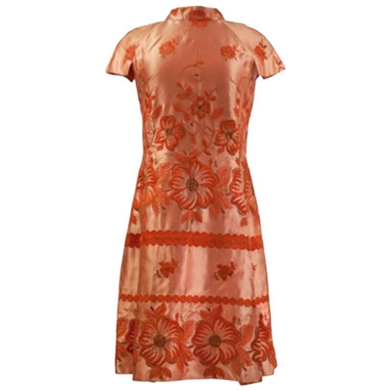 1960s Rayon Satin & Embroidery Apricot Oriental Inspired Cocktail Dress For Sale