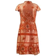 1960s Rayon Satin & Embroidery Apricot Oriental Inspired Cocktail Dress