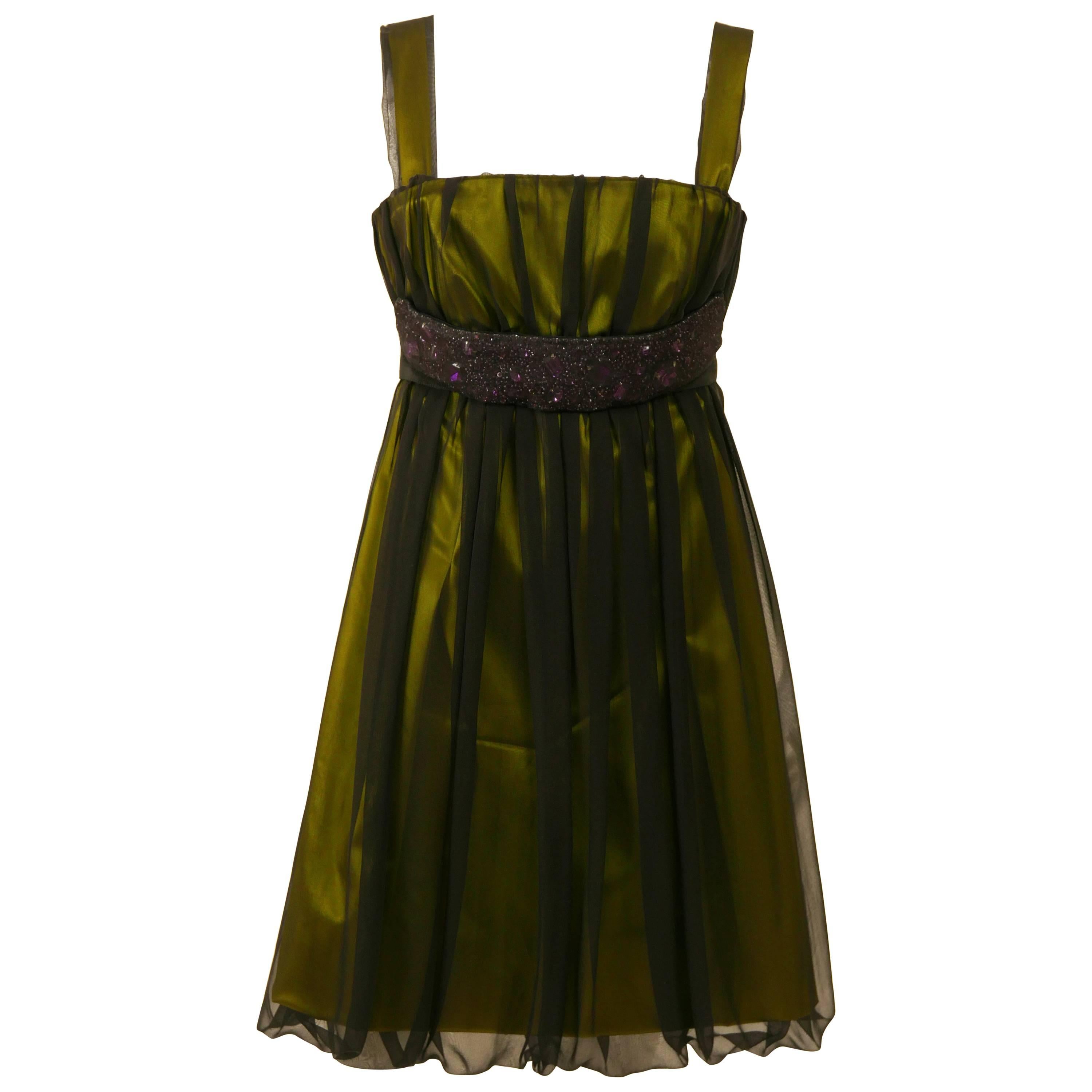 DOLCE & GABBANA Black Sheer and Green Satin Embroidered Cocktail Dress