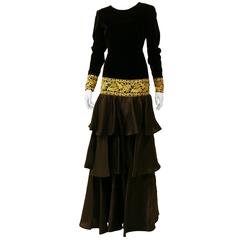 1980s Mila Schön Brown Velvet Silk Embroidered Long Dress