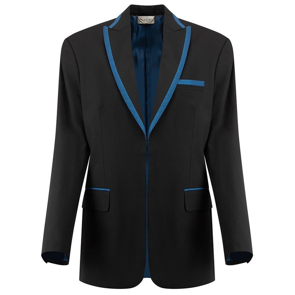 Sanne Black with Metallic Blue Trim Blazer Size S For Sale