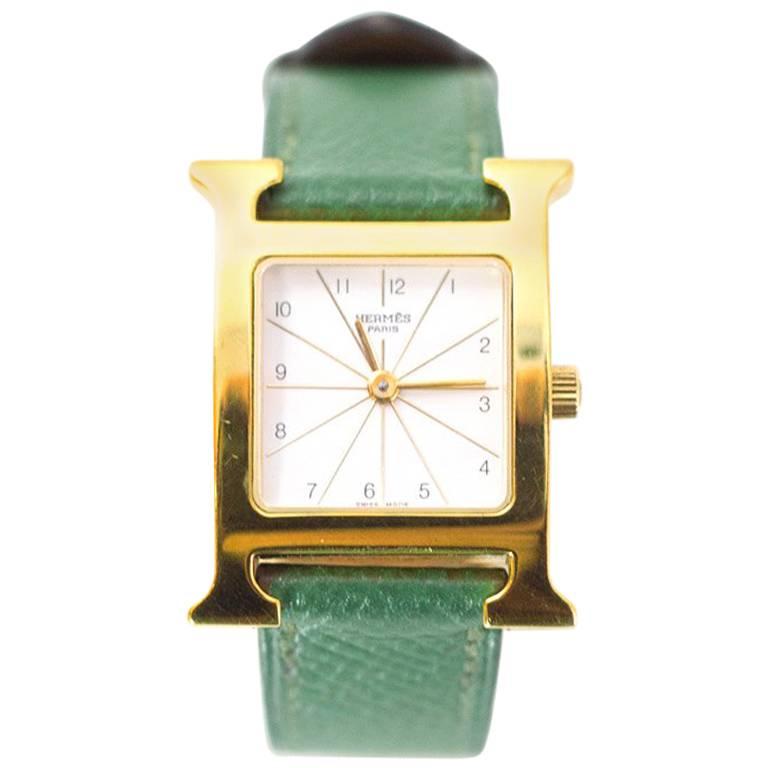 Hermes Vintrage Green Leather and Goldtone PM Heure H Watch