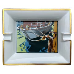 Vintage Hermès Boat Moored Print Cigar Ashtray Change Tray Porcelain Gold