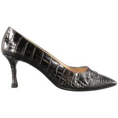 MANOLO BLAHNIK Size 8 Black Alligator Skin Leather Pointed Toe Pumps