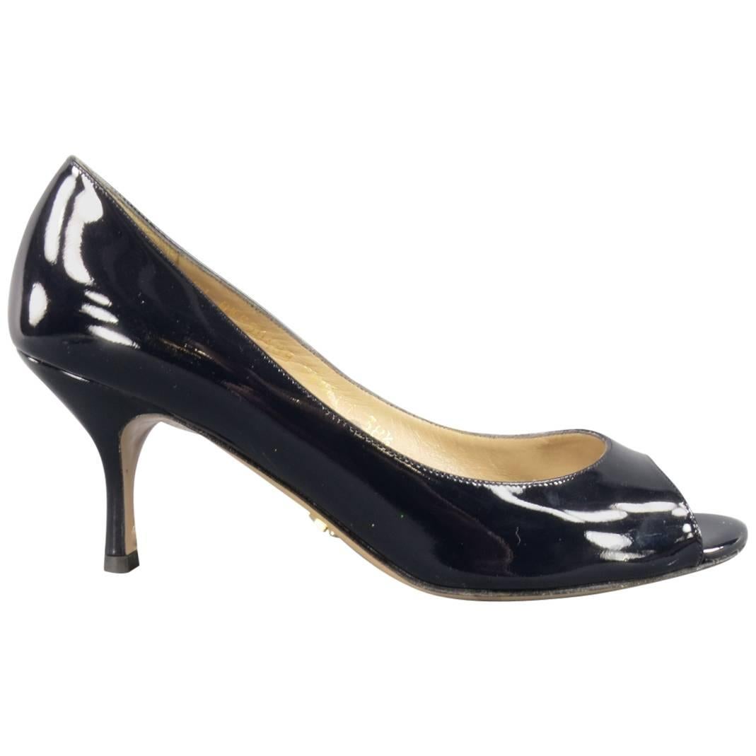 VALENTINO Size 8.5 Navy Patent Leather Peep Toe Pumps