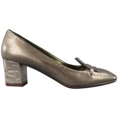 LANVIN Size 9 Silver Metallic Leather Loafer Chunky Heel Pumps