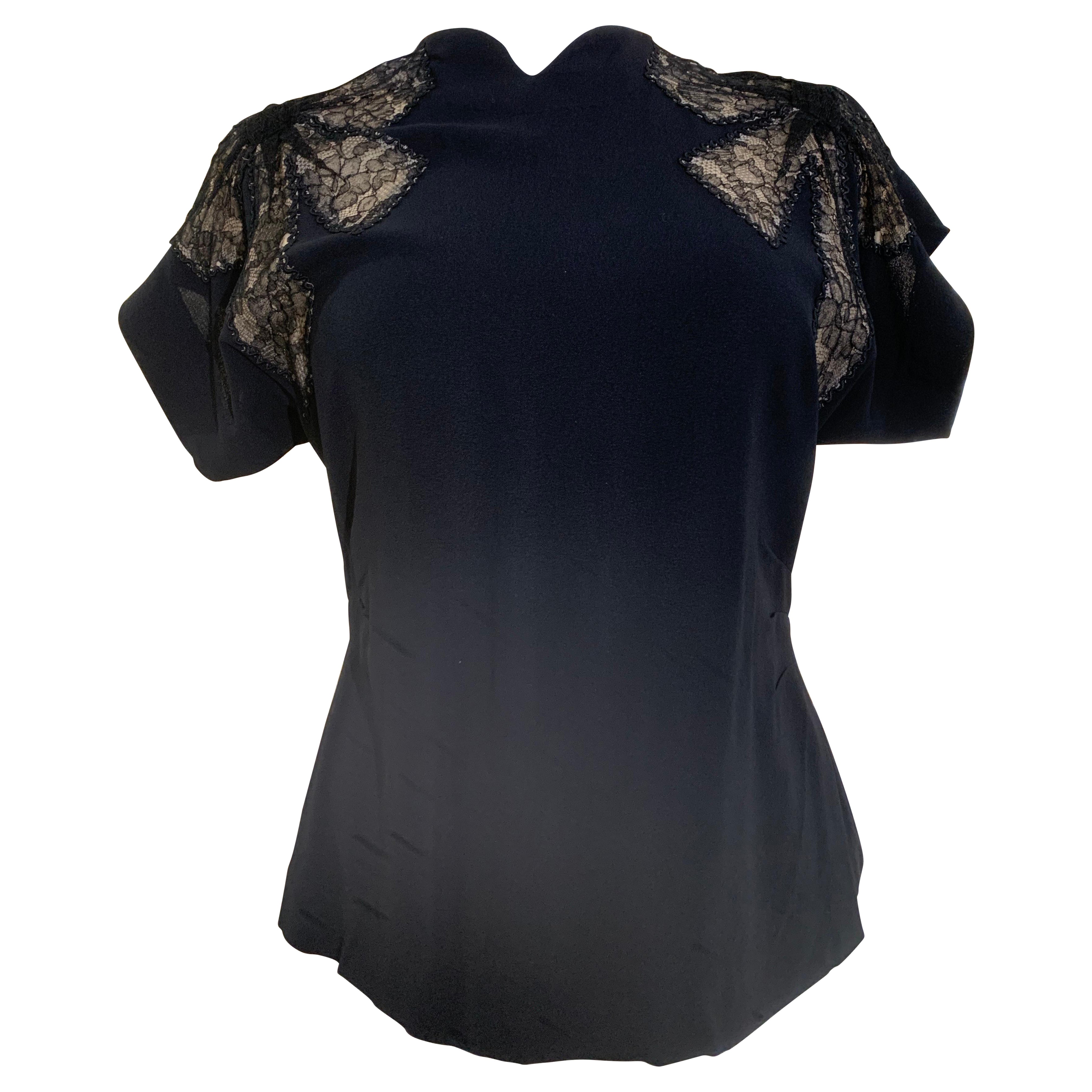 1940s Black Rayon Crepe Evening Blouse w Black Illusion Lace Inset Bows. For Sale