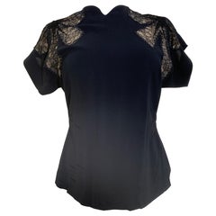 1940s Black Rayon Crepe Evening Blouse w Black Illusion Lace Inset Bows.