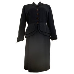 1950s Black Textured Wool Gabardine Double Peplum Fitted Skirt Suit