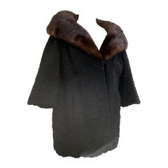 1960s Black Persian Lamb Car Coat w Ranch Mink Shawl Collar & Bracelet Sleeve