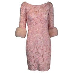 1960s Pink Ribbon Floral Applique on Net Cocktail Dress with Pink Mink Cuffs