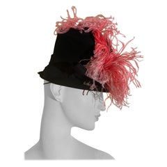 1940's Black Wool Felt Tall-Crown Style "Top-Hat" Tilt Hat w Pink Ostrich Feather