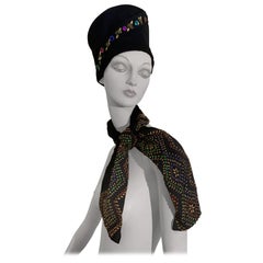 1940s Evelyn Varon Tall Black Toque-Style Hat & Scarf Set w Jeweled Detailing