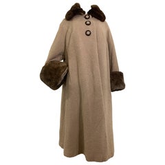 1940s Light Taupe Long Full Boucle Swing Coat w Sheared Beaver Collar & Cuffs