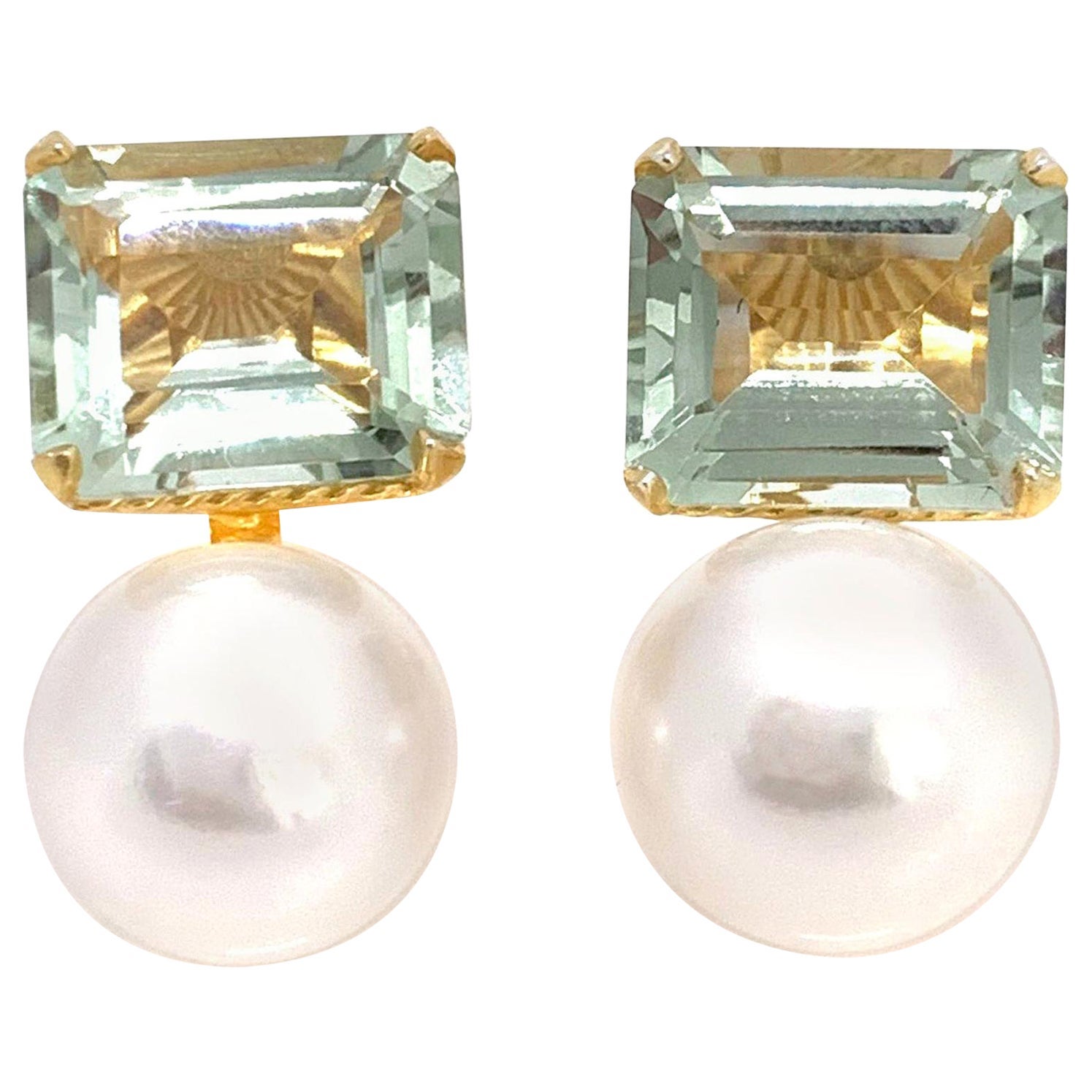 Emerald-cut Prasiolite and Freshwater Pearl Earrings