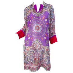 Etro Größe 46 / 10 Perlenbesetztes langärmeliges Tunikakleid aus Seide und Baumwolle mit lila Paisleymuster
