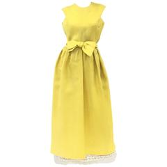 1960s Custom Designed Yellow Milk Glass Beaded Linen Dress