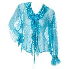 Yves Saint Laurent Rive Gauche Polka Dot bestickte geraffte Bluse 1970er Jahre