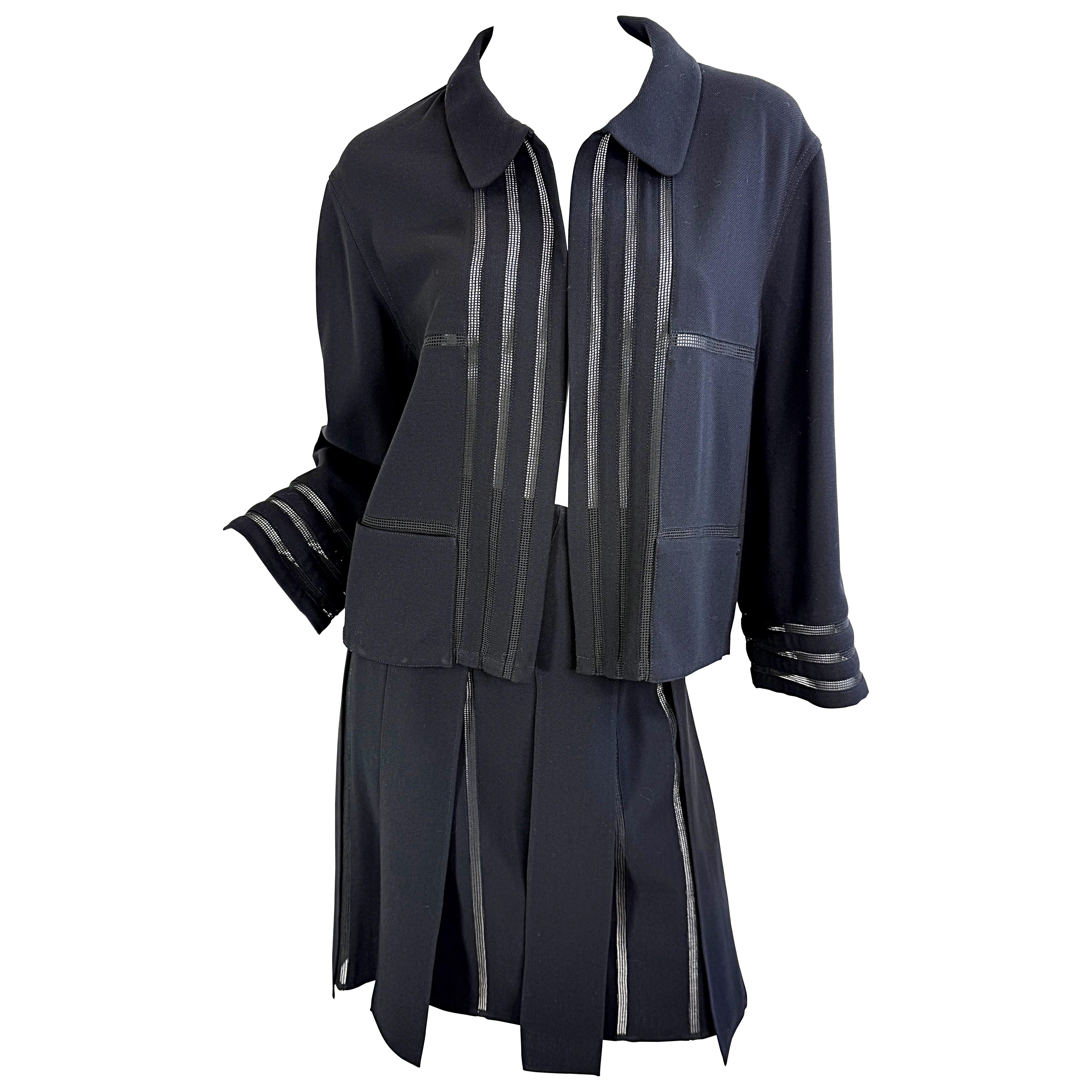 Vintage Chanel Spring 1999 Sz 42 44 Black Sheer Panels Light Wool Skirt Suit For Sale