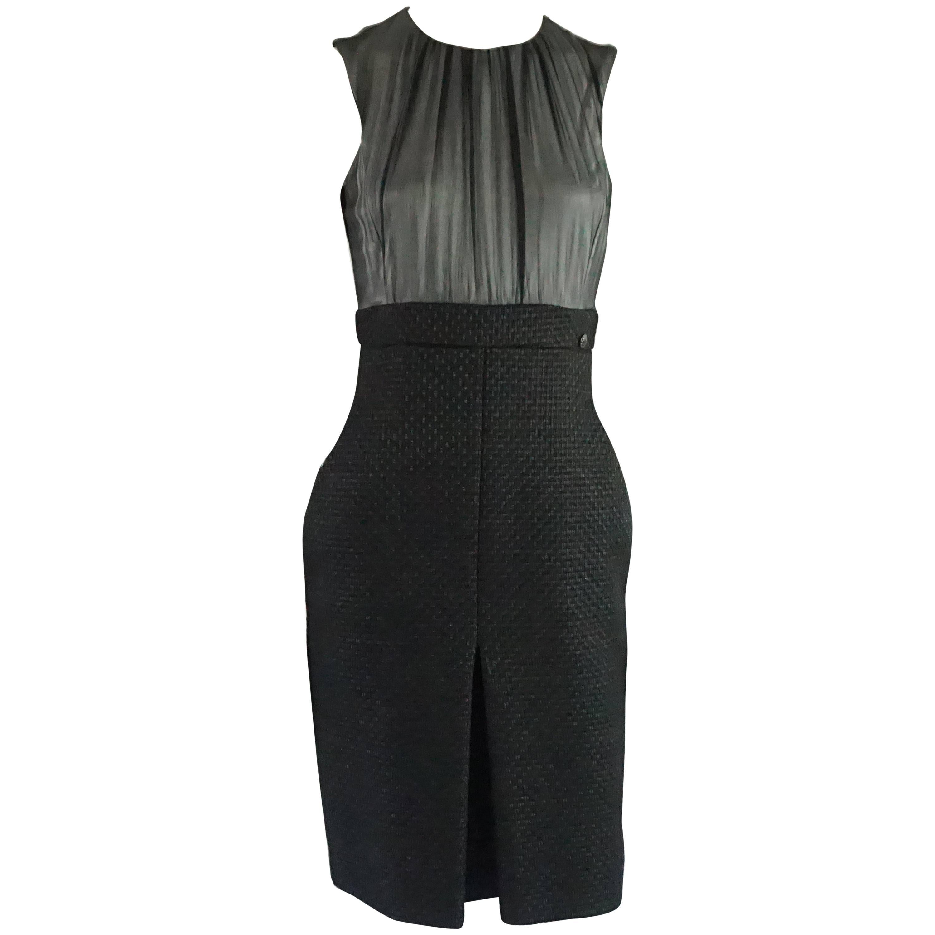 Chanel Schwarzes Kleid mit Seidenchiffon-Oberteil und Tweed-Rock - 38
