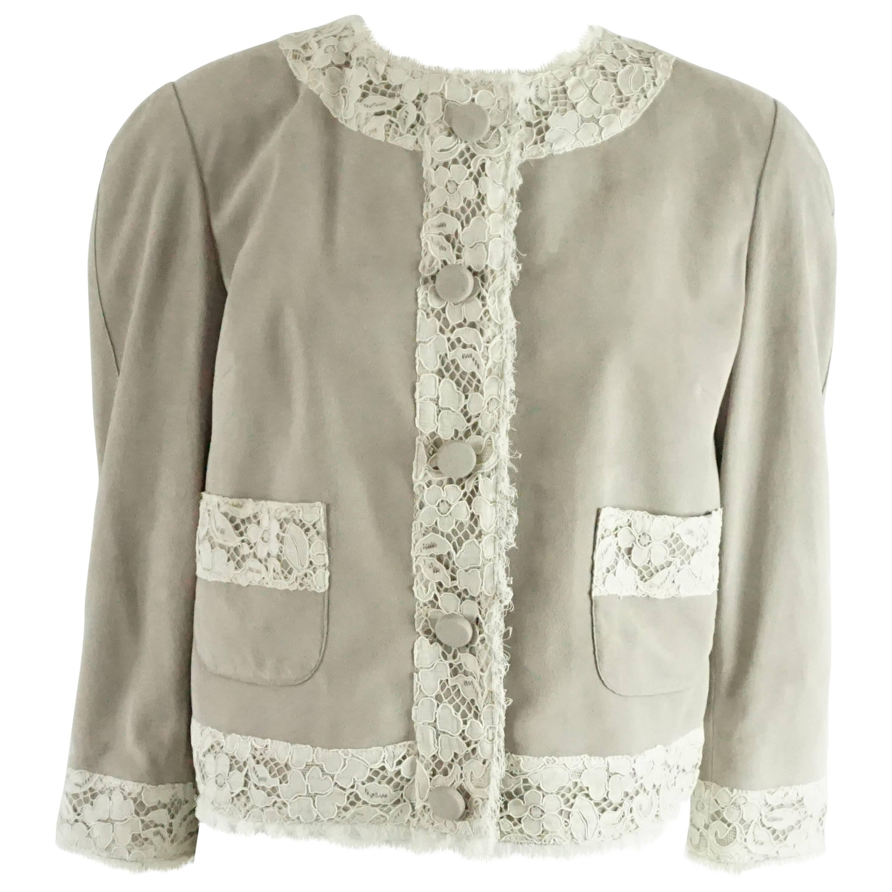 Dolce & Gabbana Gray Suede with Ivory Lace Trim Jacket - Size 42 Circa 2000 For Sale