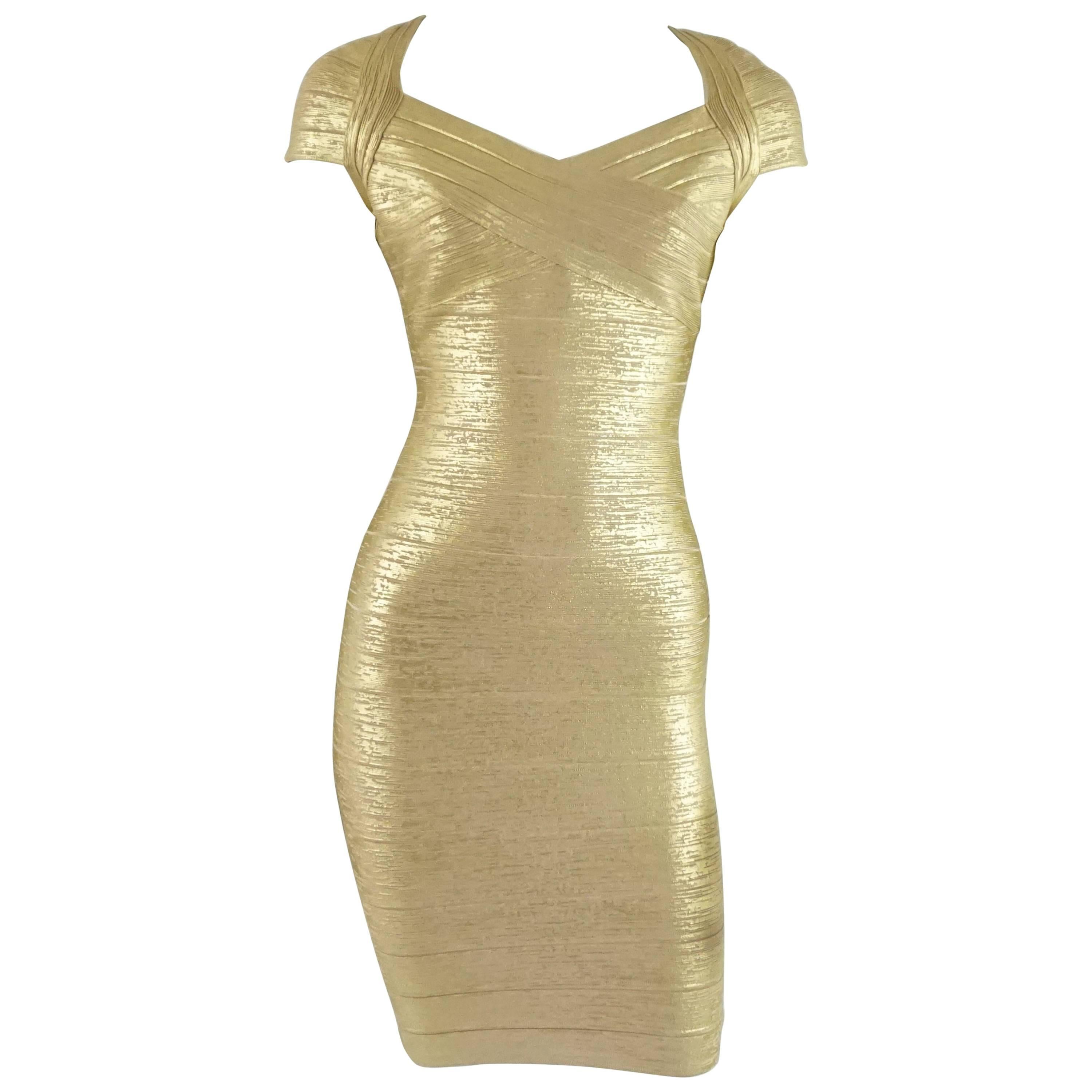 Herve Leger Metallic Gold Bandage Dress - S