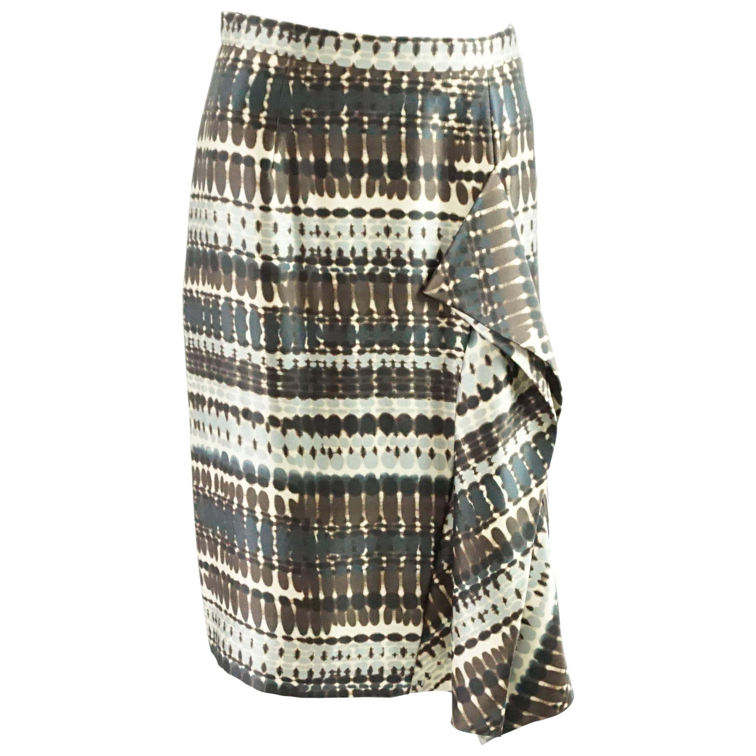 Oscar de la Renta Brown and Multi Print Silk Skirt with Ruffle - 6 For Sale