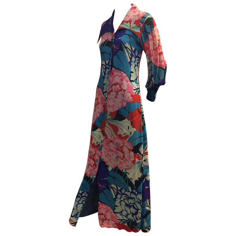1970s La Mendola Silk Floral Print Button-Down Maxi with Sheer Sleeves ...