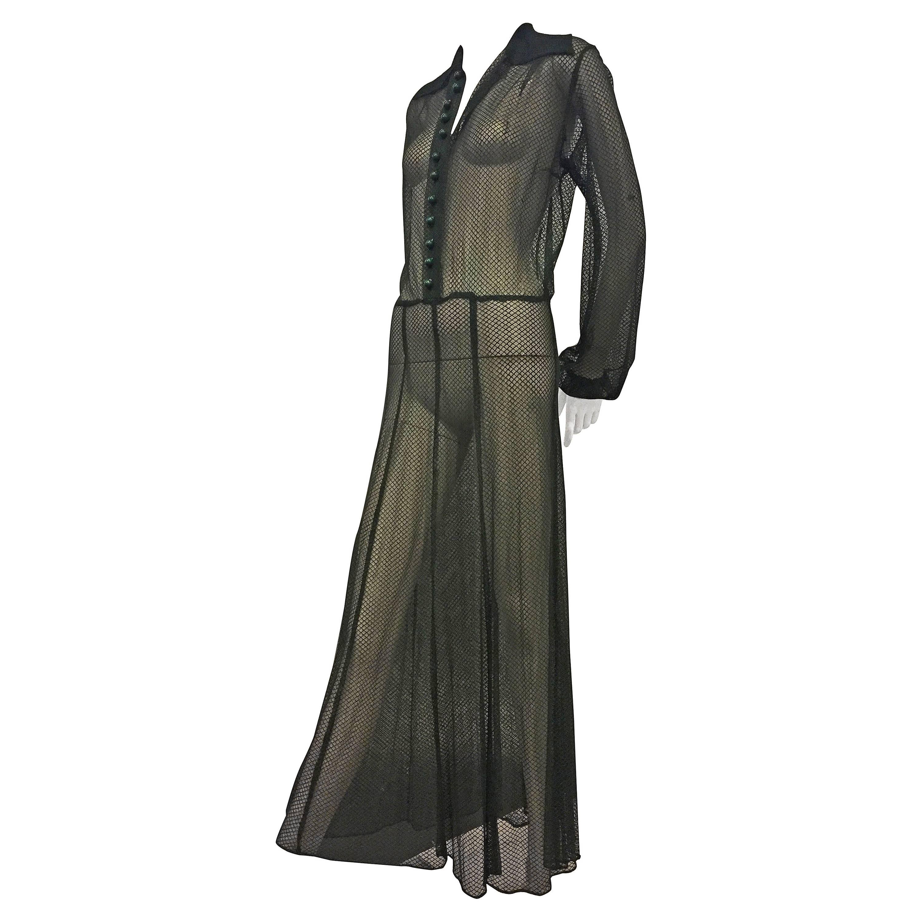 1930's Hunter Green Net Gown with Bakelite Buttons 