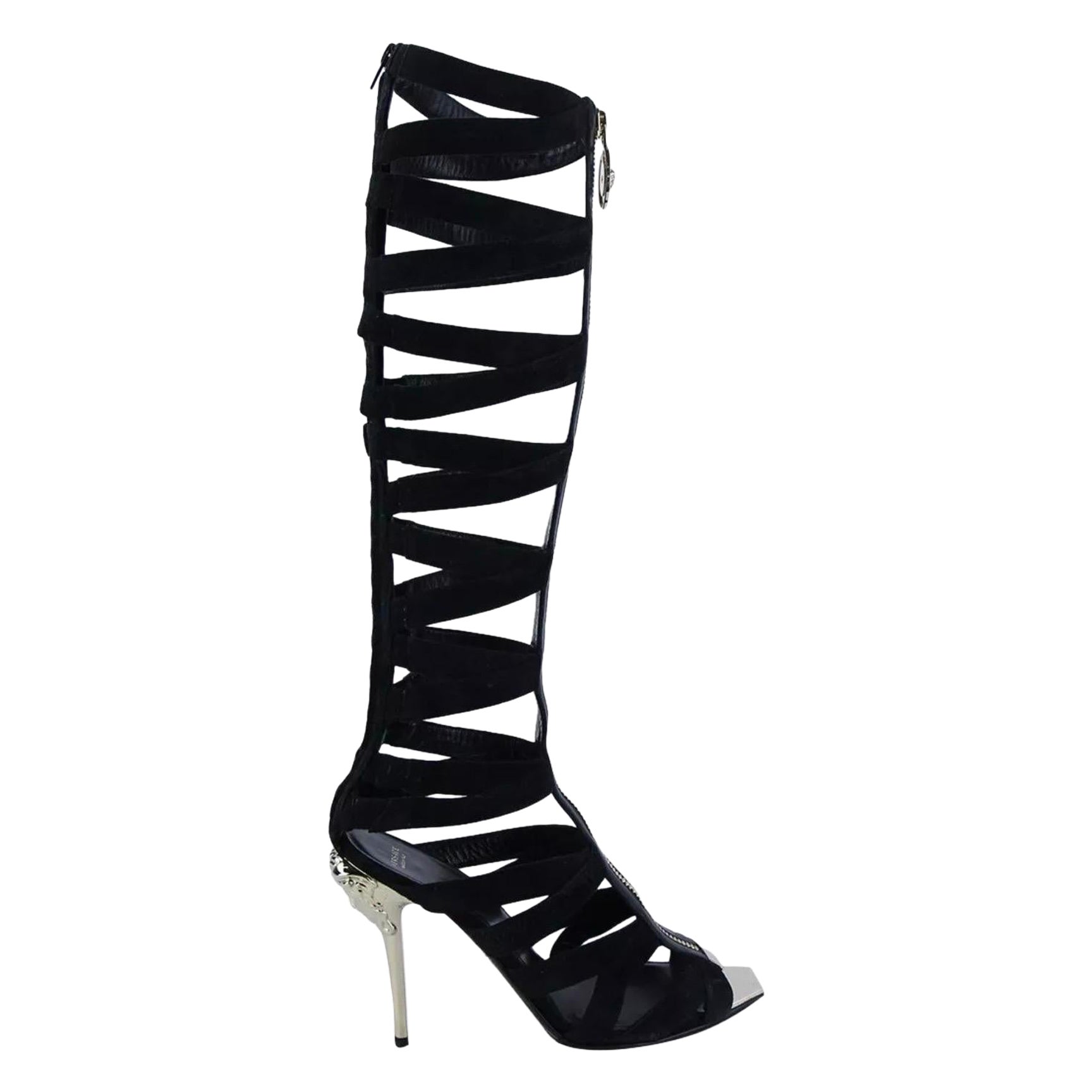 Resort 2015 Look #10 Versace Black Suede Sandal Gladiator Boots with Medusa 38-8 For Sale
