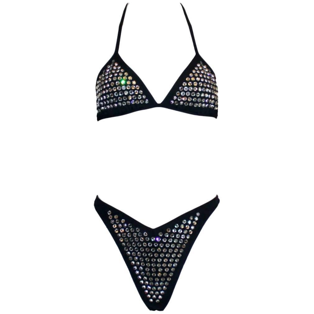 Iconic CHANEL Collector's 1995 Black Crystal String Bikini at 1stDibs