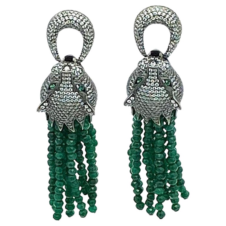Dragon Head Earrings with Emerald Tassel For Sale