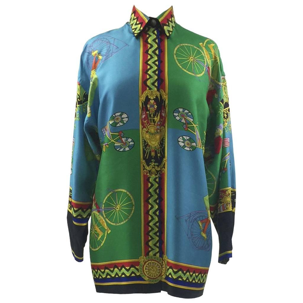  1990s Versace Sport Cyclists Printed Silk Shirt in Green & Turquoise Blue 