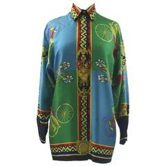 Vintage  1990s Versace Sport Cyclists Printed Silk Shirt in Green & Turquoise Blue 