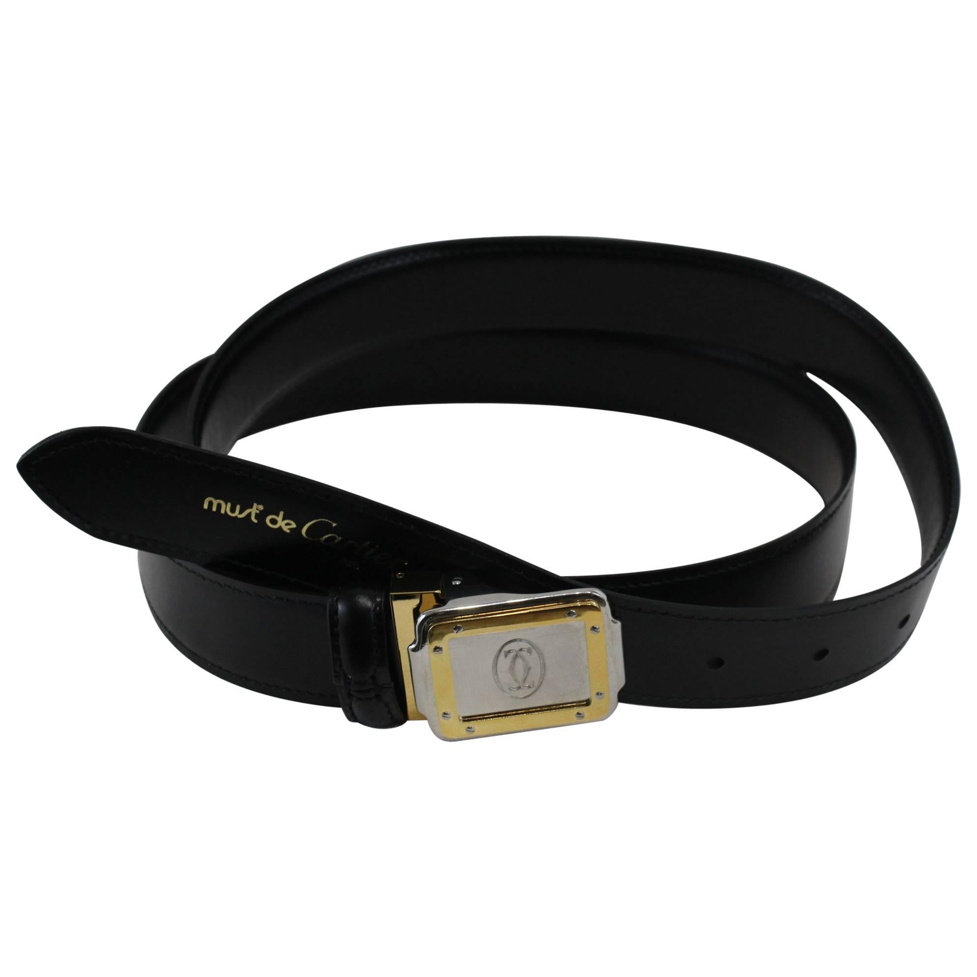 Cartier Santos Steel and Gold Plated Leather Reversible Belt For Sale