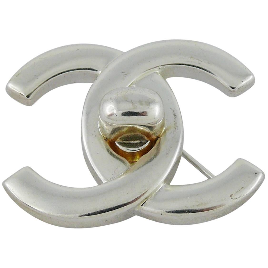 Chanel Vintage CC Turn Lock Silver Tone Brooch Spring 1996