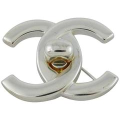 Chanel Vintage CC Turn Lock Silver Tone Brooch Spring 1996 3