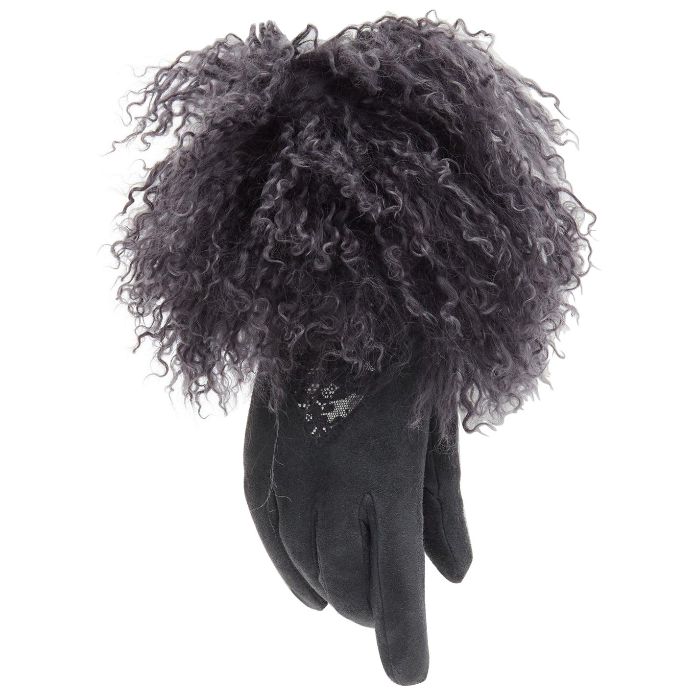 CHRISTIAN DIOR Vintage grey Mongolian shearling fur suede lace panel gloves 7.5 For Sale