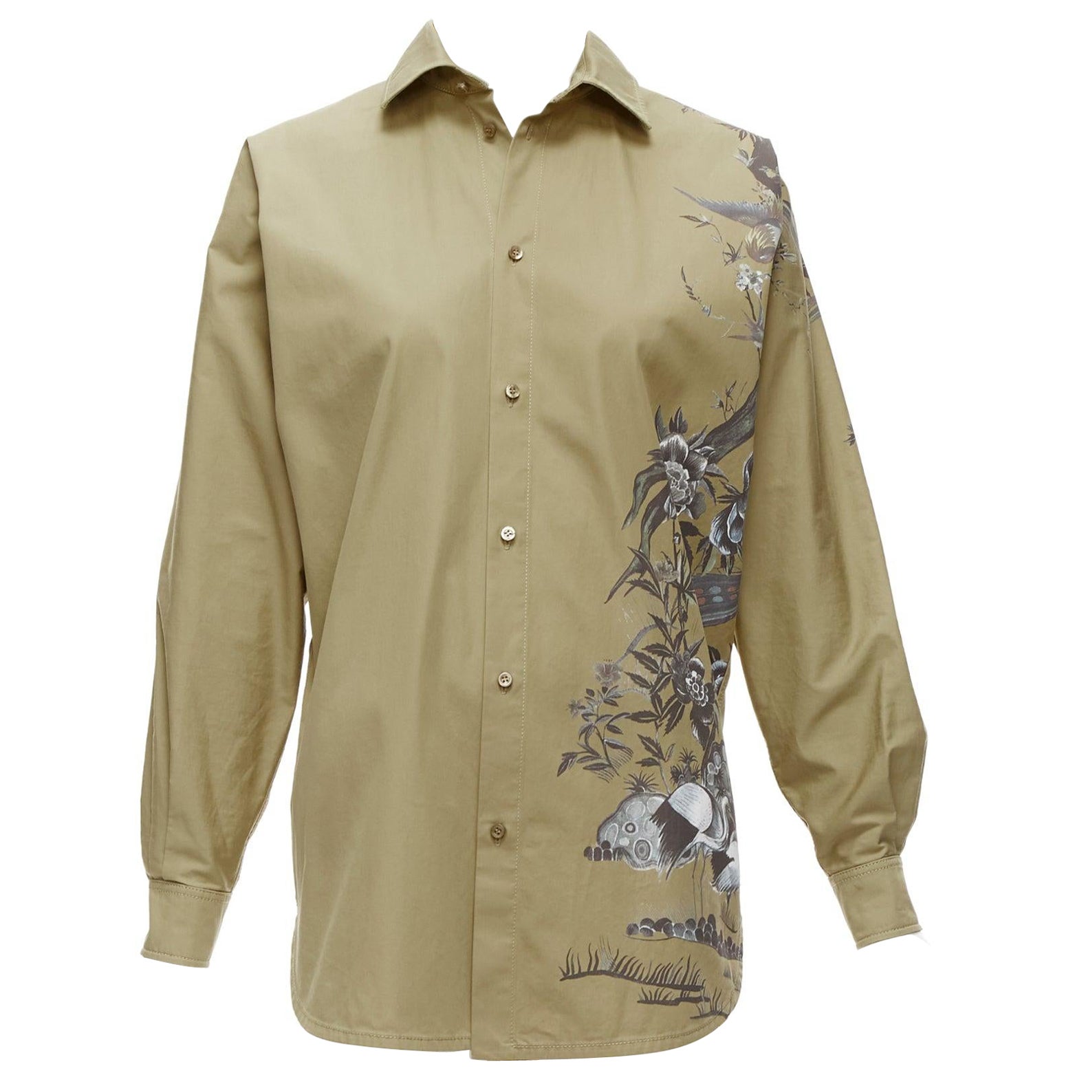 CHRISTIAN DIOR 2022 Jardin dhiver khaki bird flower dress shirt FR34 XS For Sale