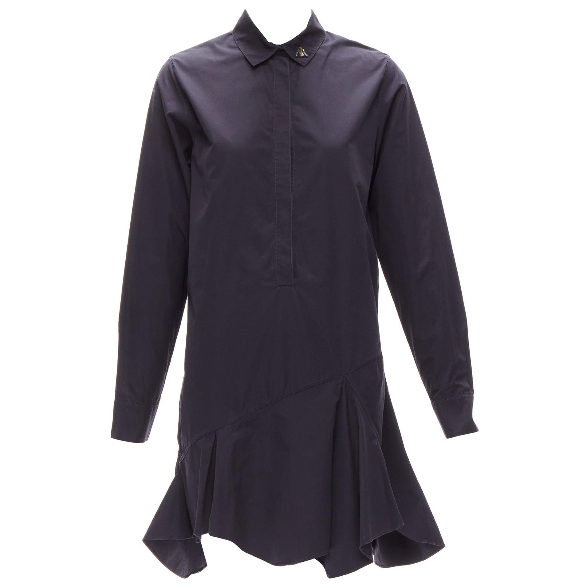 CHRISTIAN DIOR black bee crystal embellished collar ruffle hem shirt dress S For Sale