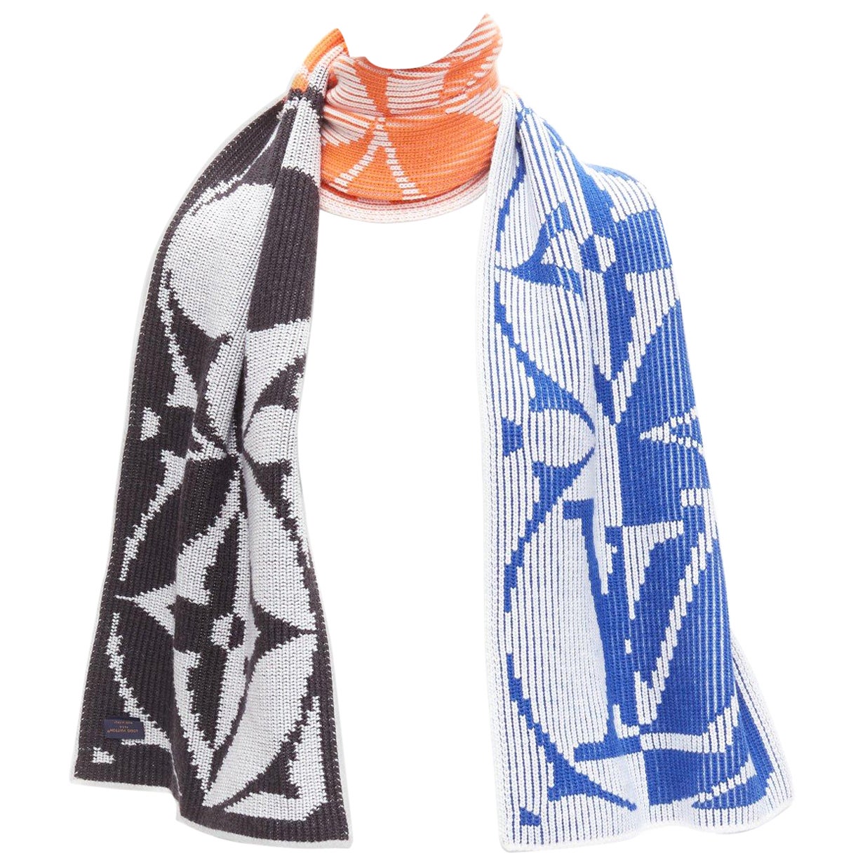 LOUIS VUITTON 2022 orange blue black LV flower colorblocked intarsia scarf For Sale